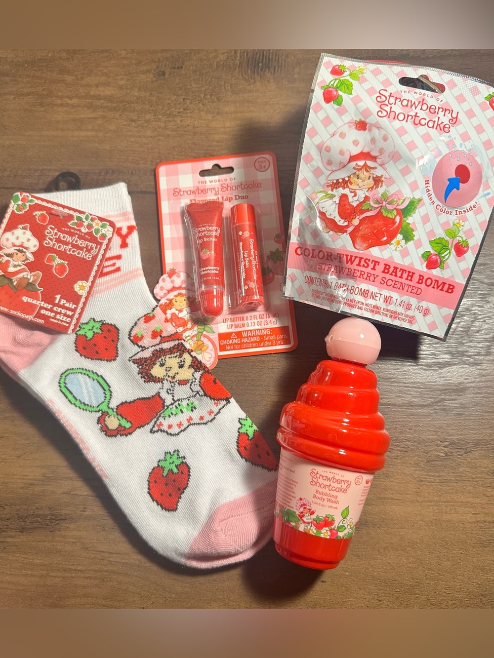 Strawberry Shortcake Bundle: Ankle Socks, 2pk Lip Care, Body Wash, Bath Bomb NEW